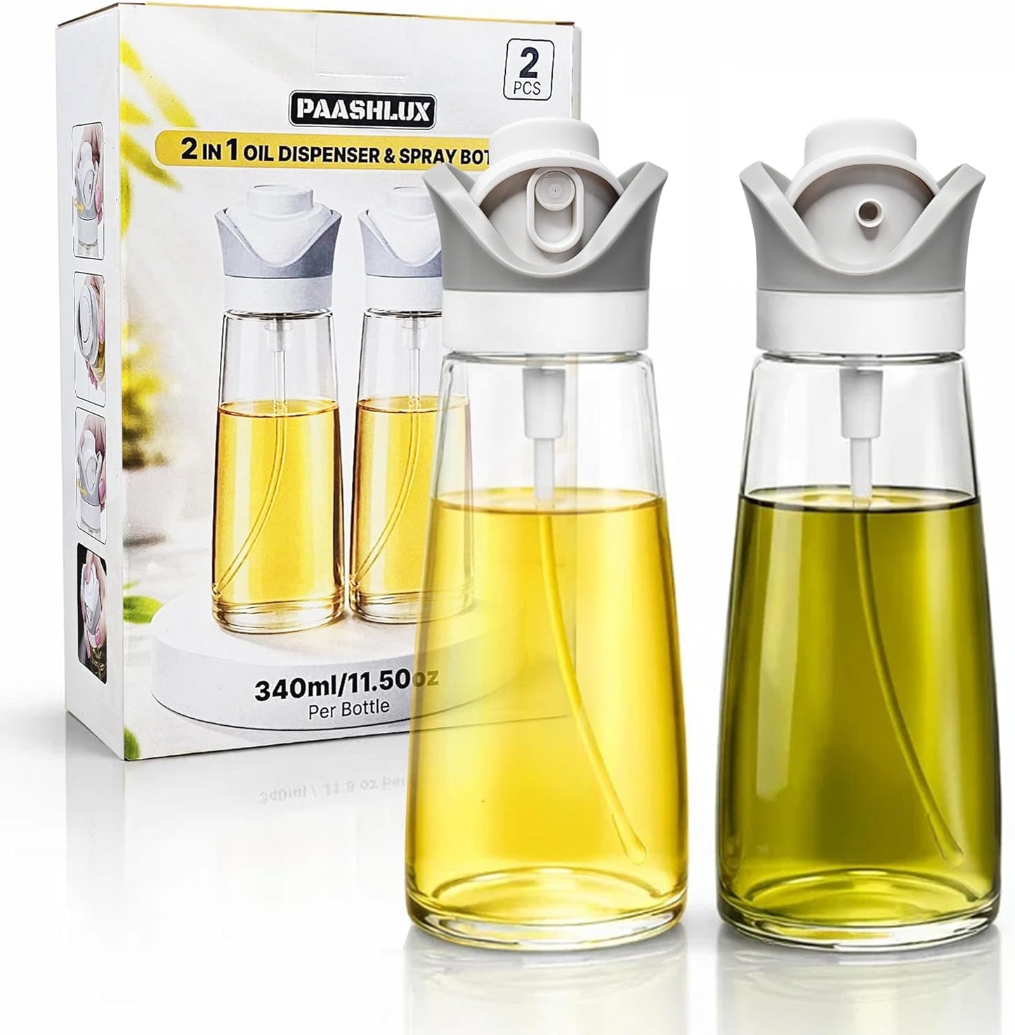2 In 1 Oil Dispenser And Spray Bottles, Two 11.5 Oz Bottles, Glass Olive Oil Sprayer For Cooking, Baking, Air Fryer, Salad And BBQ, Controlled Pour And Spray