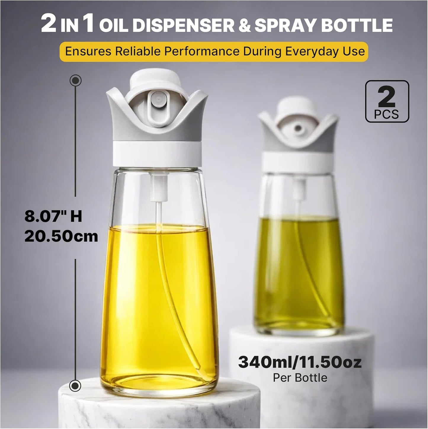 2 In 1 Oil Dispenser And Spray Bottles, Two 11.5 Oz Bottles, Glass Olive Oil Sprayer For Cooking, Baking, Air Fryer, Salad And BBQ, Controlled Pour And Spray